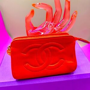 Authentic Chanel small red zip pouch soft lamb skin leather!! 5x3.5